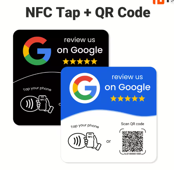 Blue and black VouchCue NFC and QR Google review cards